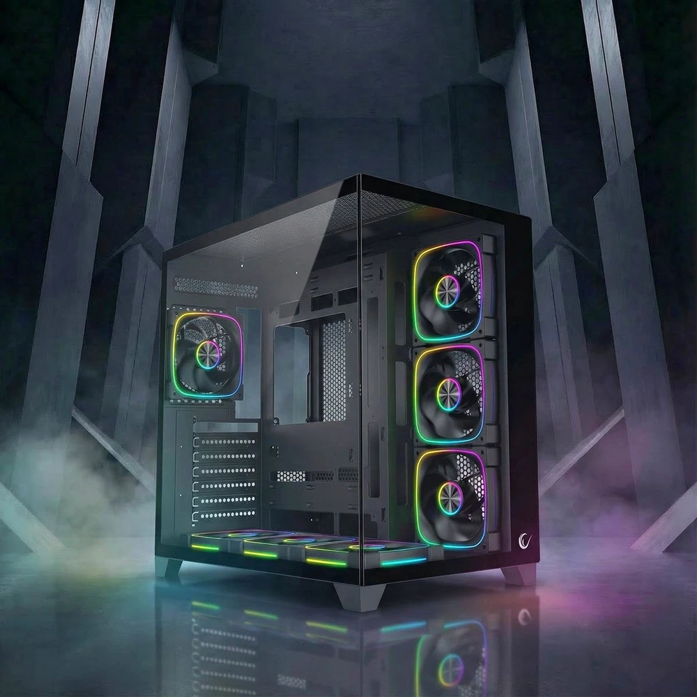 „Rampage“ grūdinto stiklo kompiuterio korpusas „SEALITE 7x Juoda PWM ARGB“ ventiliatorius