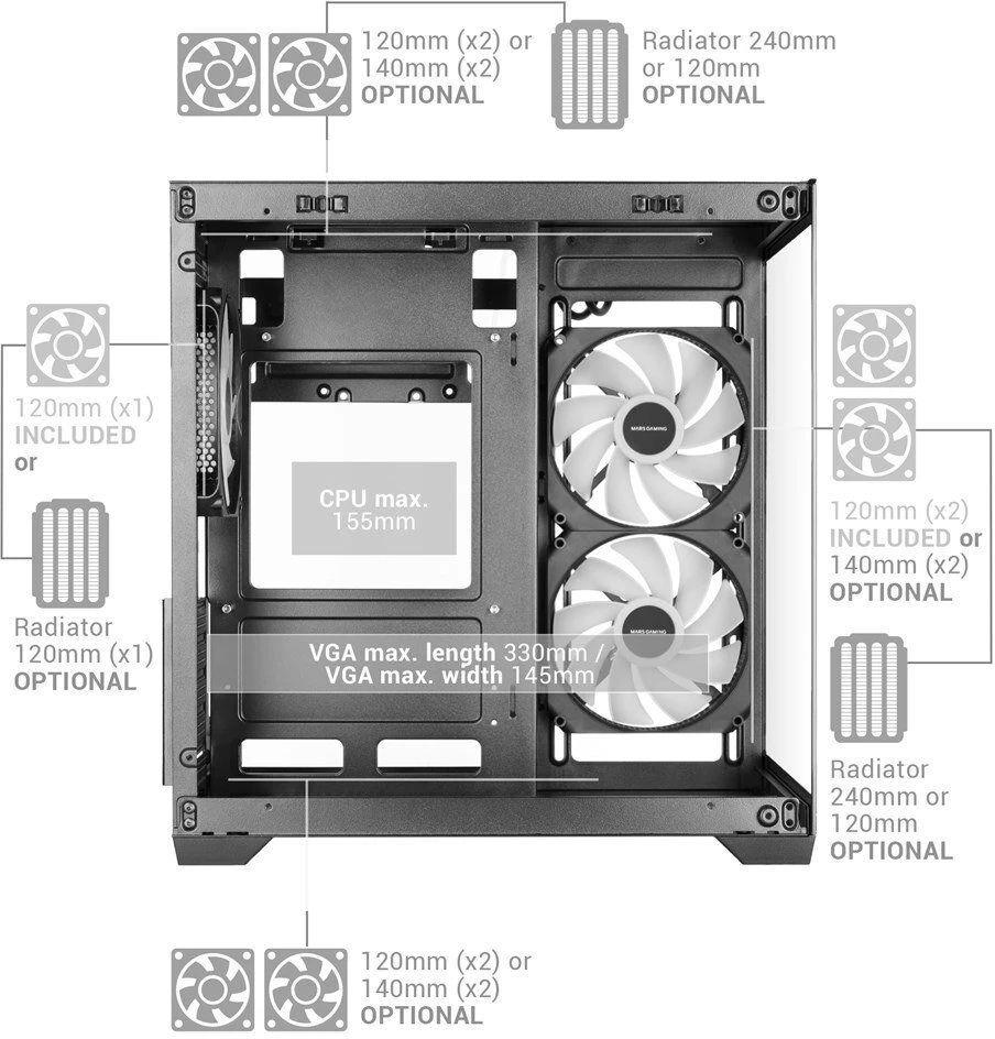 „Tacens Mars Gaming MCVIEW3“ kompiuterio korpusas, Mini Tower, Juodas