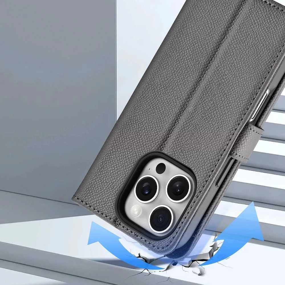 Dux Ducis Lawa Leather dėklas skirtas Apple iPhone 16 Pro Max su Detachable Magnetic Wallet – pilkos spalvos