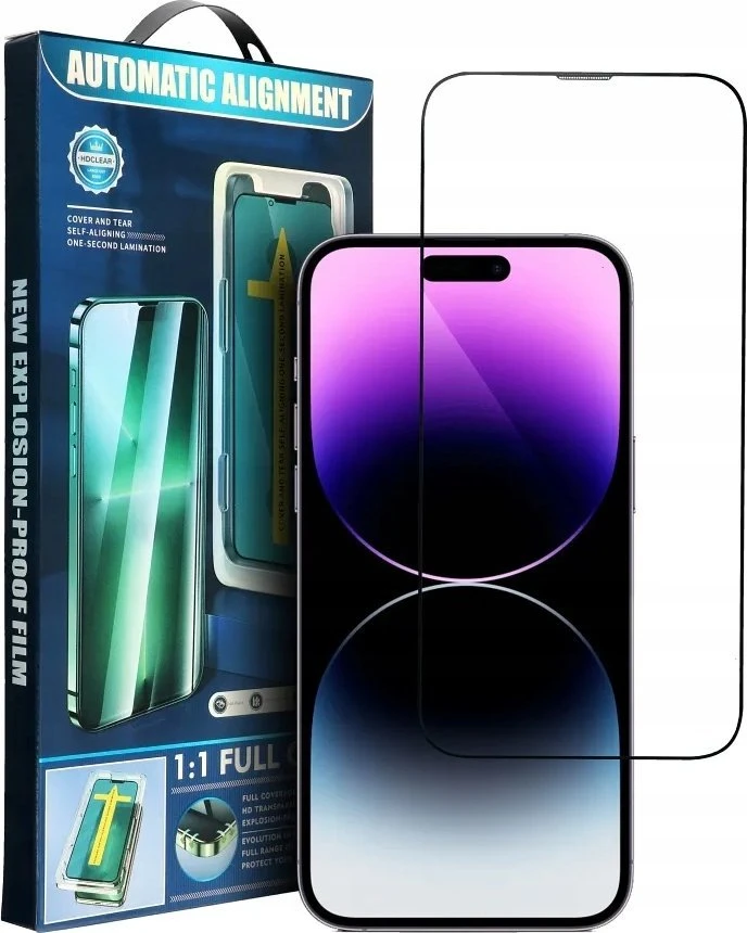 OEM 5D visiškai klijuojamas grūdintas stiklas iPhone 13 / 13 PRO / 14 juodas su aplikatoriumi