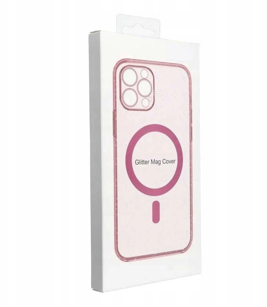 Oem Originalus „iPhone 14“ dėklas su skaidriu „MagSafe“ blizgučiais ir kameros apsauga – suderinamas su rausvais blizgučiais.