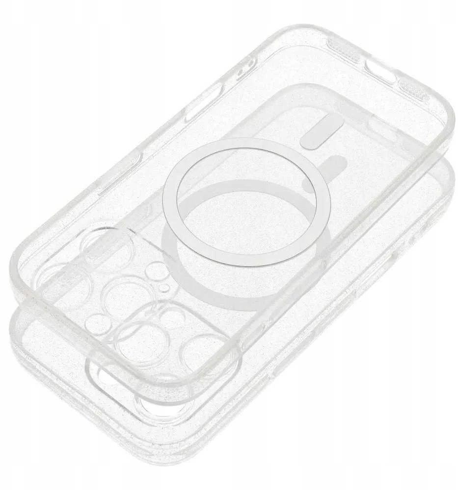 Oem Originalus „iPhone 15“ skaidrus „Mag“ dėklas – blizgučiai (STR / APSAUGA NUO FOTOAPAROS), suderinamas su „MagSafe“ skaidriais blizgučiais.