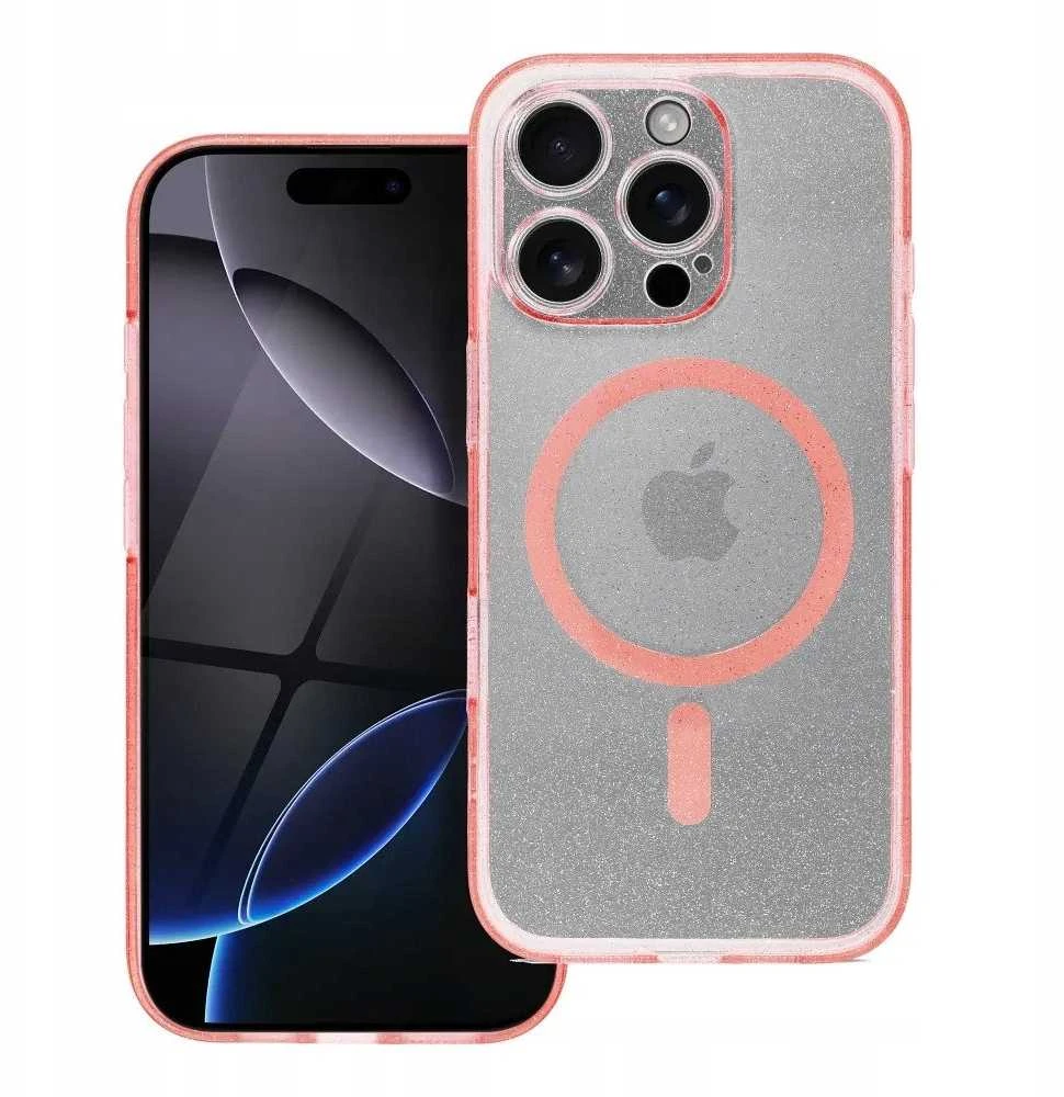 OEM dėklas iPhone 16 PRO, permatomas Mag dangtelis – blizgus (STR / KAMEROS APSAUGA), suderinamas su MagSafe, rožinis blizgus