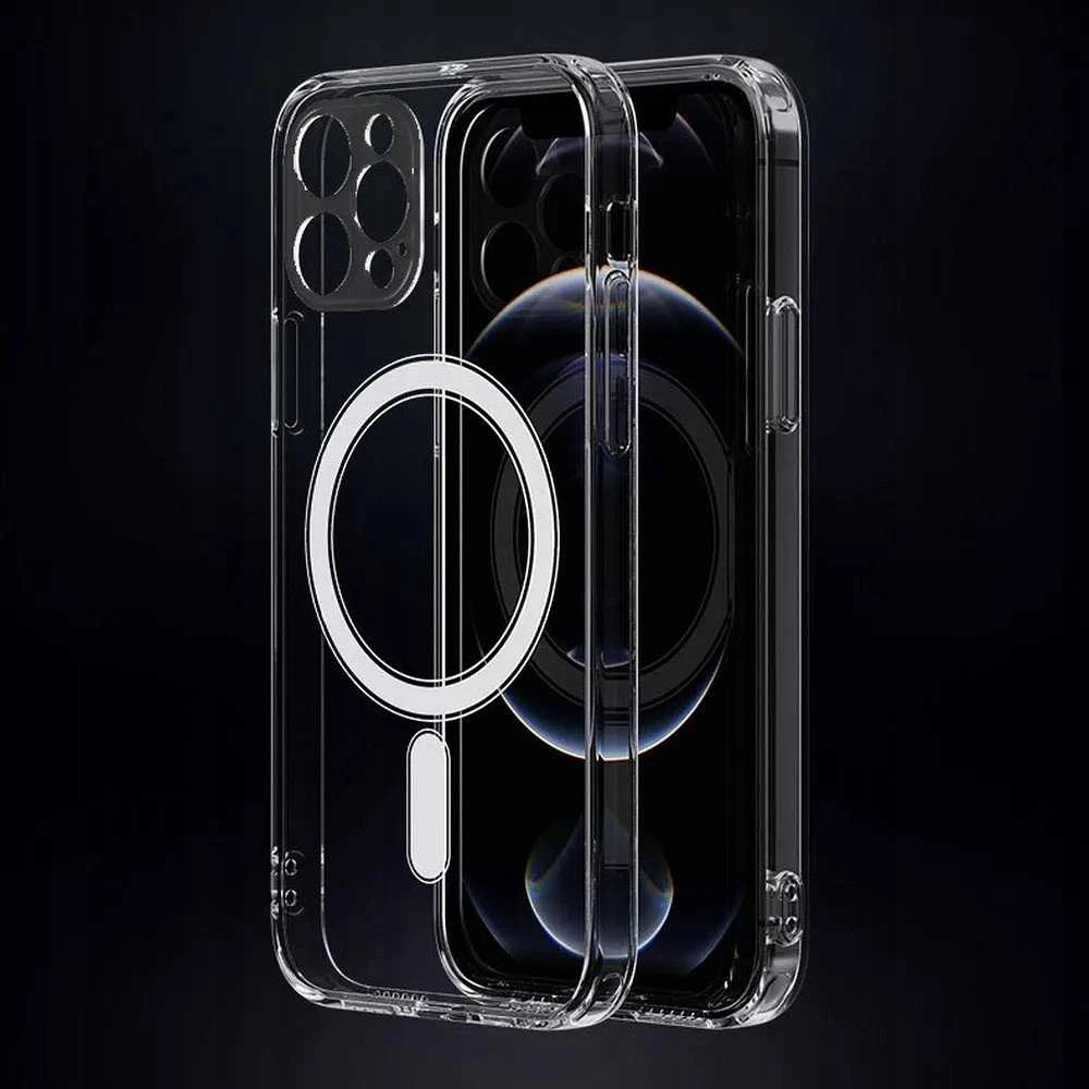 Oem Originalus „iPhone 14 PRO MAX“ skaidrus „Mag“ dėklas – blizgučiai (STR / APSAUGA NUO FOTOAPAROS), suderinamas su „MagSafe“ su juodu blizgučiu.