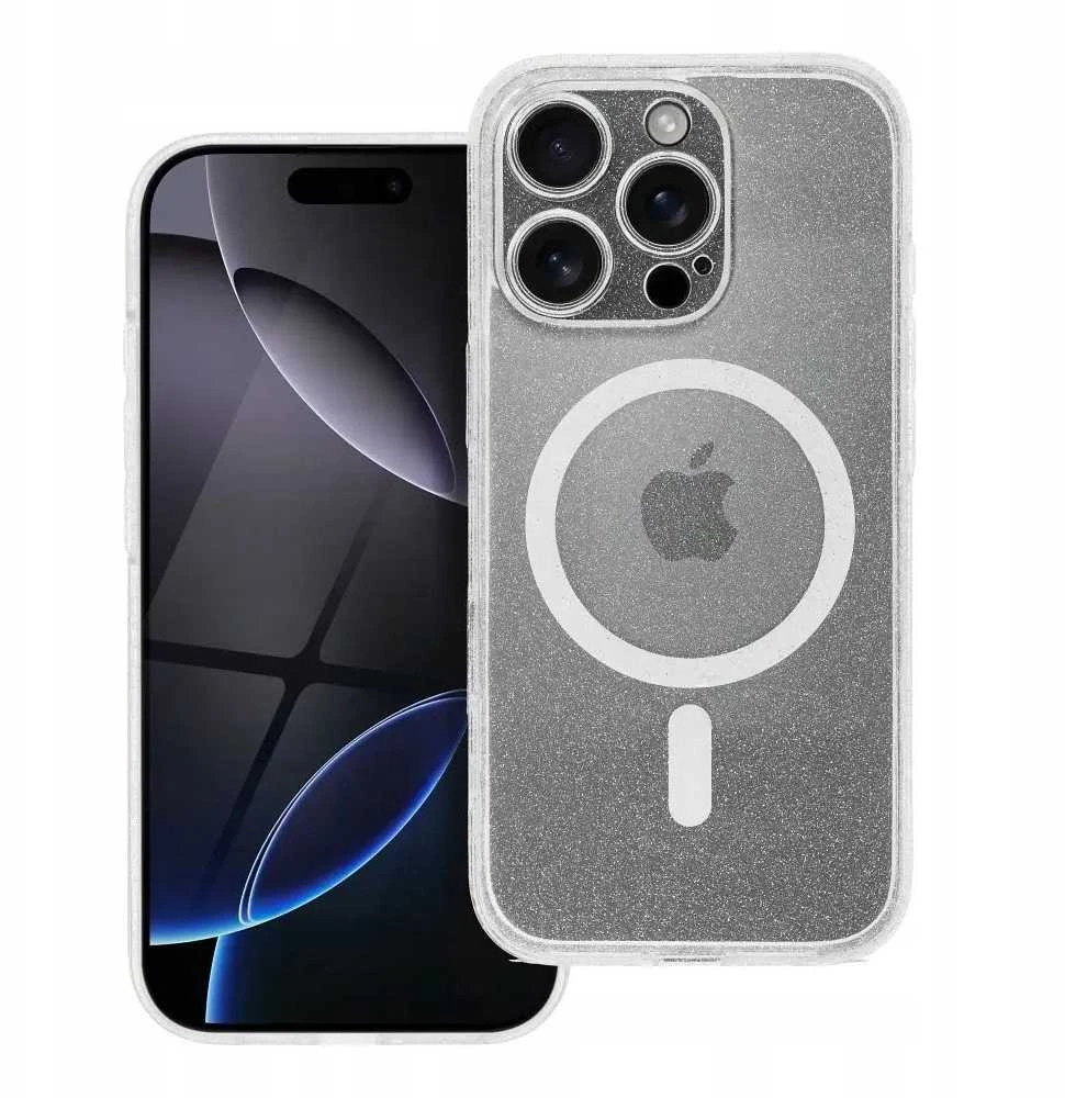 Oem Originalus „iPhone 15 PRO MAX“ skaidrus „Mag“ dėklas – blizgučiai (STR / APSAUGA NUO FOTOAPAROS), suderinamas su „MagSafe“ skaidriais blizgučiais.