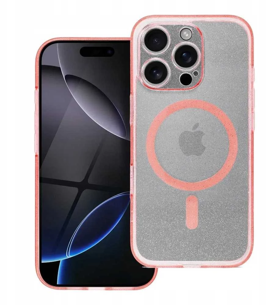 Oem Originalus „iPhone 14“ dėklas su skaidriu „MagSafe“ blizgučiais ir kameros apsauga – suderinamas su rausvais blizgučiais.