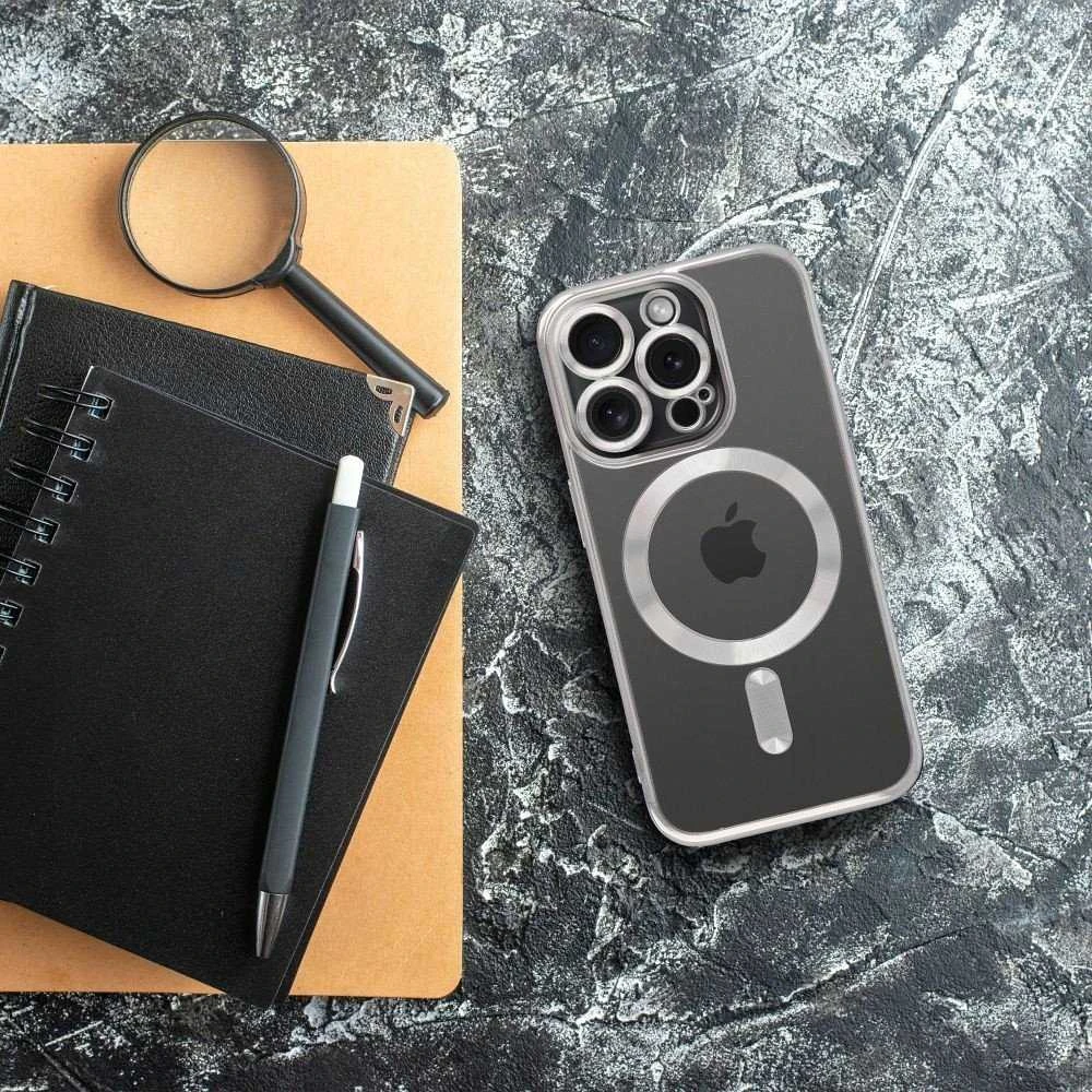 OEM dėklas, skirtas iPhone 16 PRO, Electro Mag dėklas, suderinamas su MagSafe sidabrinis