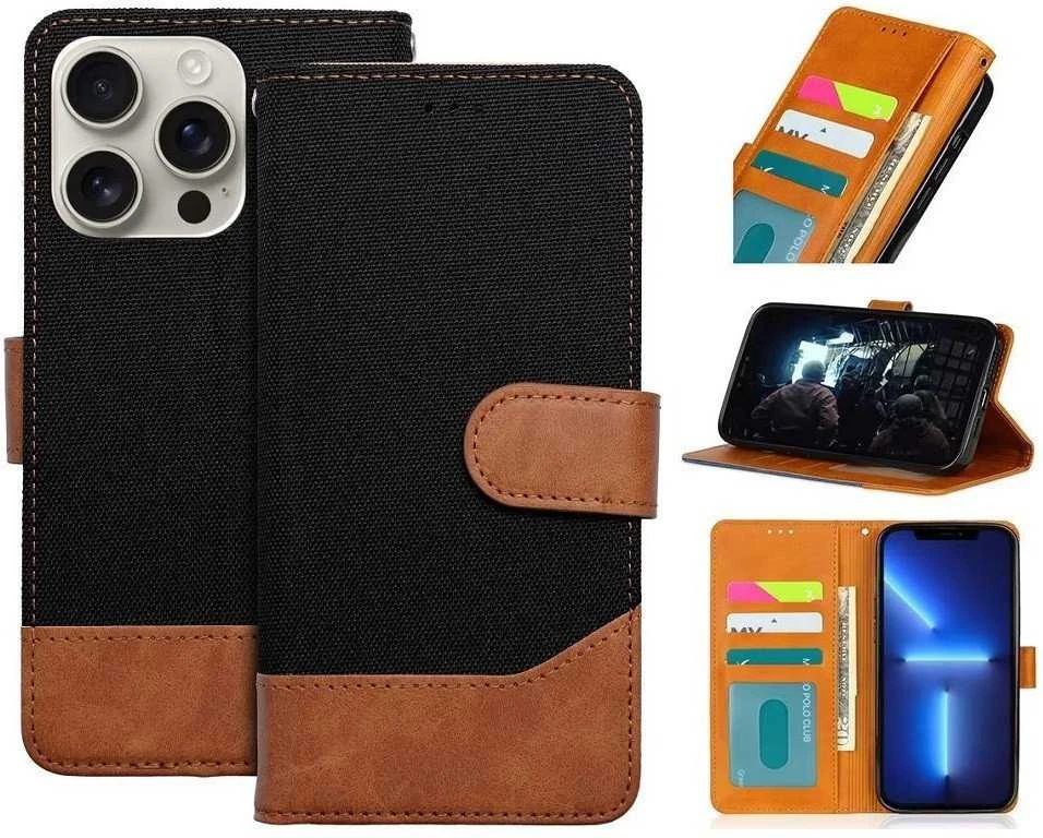 OEM atverčiamas dėklas iPhone 16e (SE 4 2025) Jeans Book juodas