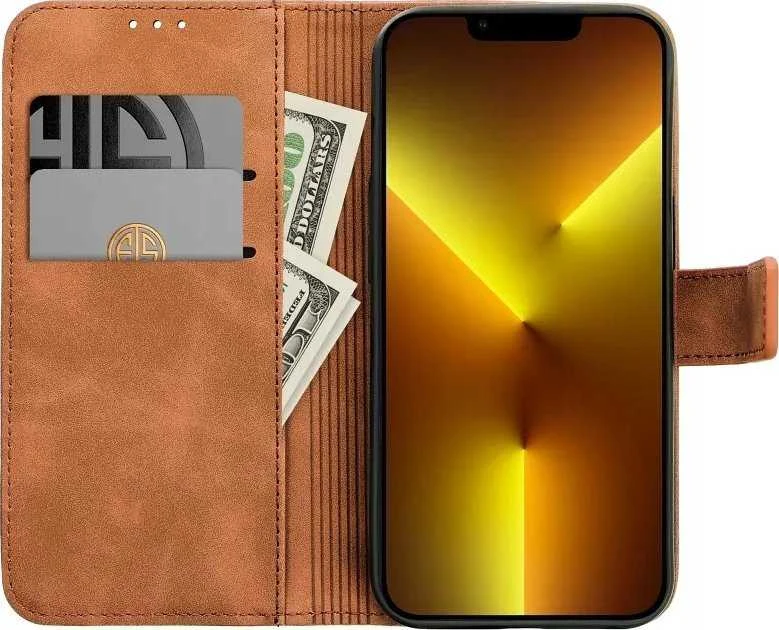 Oem TENDER Book Dėklas skirtas Xiaomi Redmi Note 14 5G / 4G (GLOBAL - 163,25mm x 76,55mm x 8,16mm) rudos spalvos