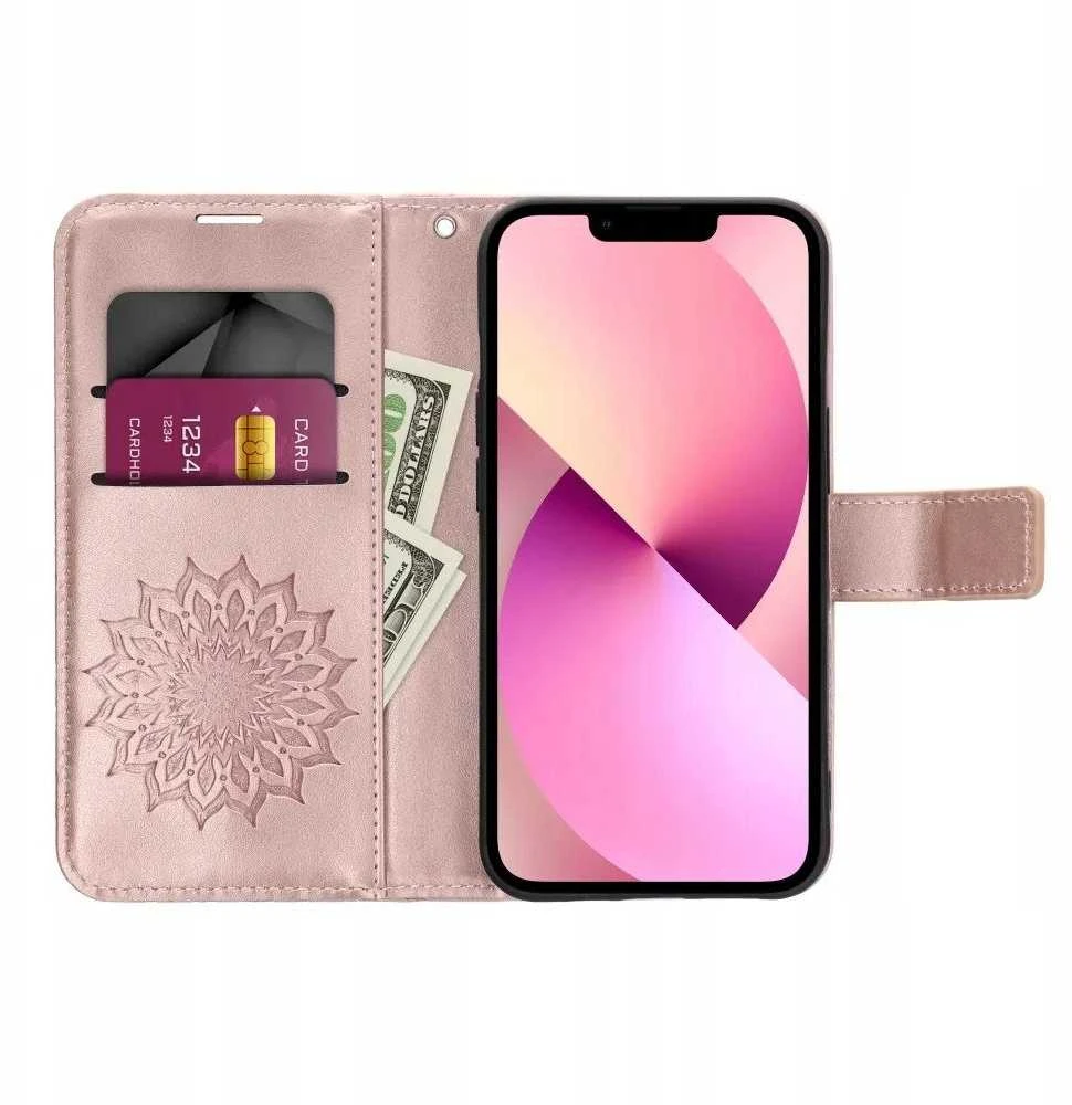 OEM atverčiamas dėklas iPhone 14 PRO Mezzo Book mandala rožinis auksinis