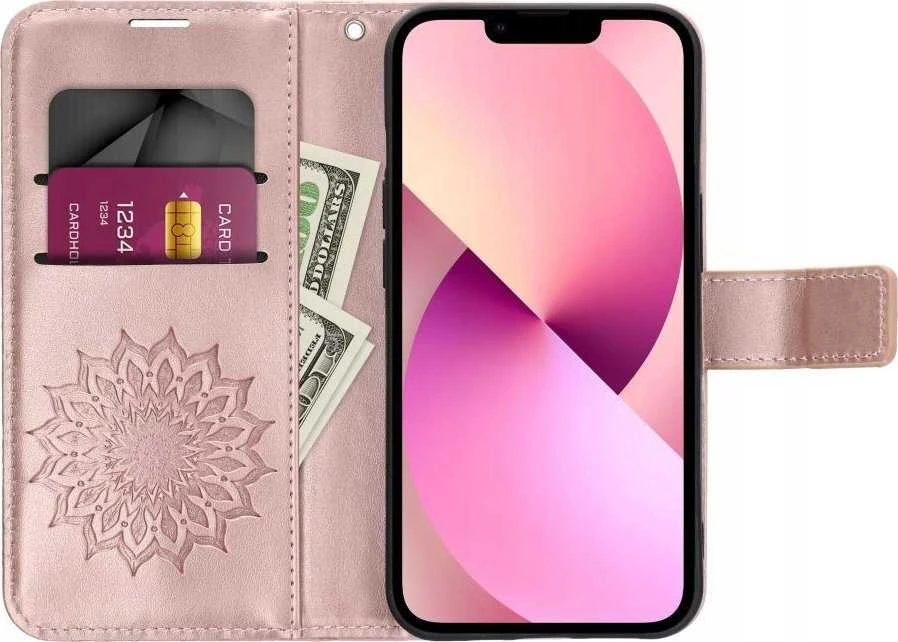 Oem MEZZO Book dėklas skirtas Xiaomi Redmi Note 14 PRO 5G / 14 PRO PLUS 5G mandala rožinio aukso spalvos