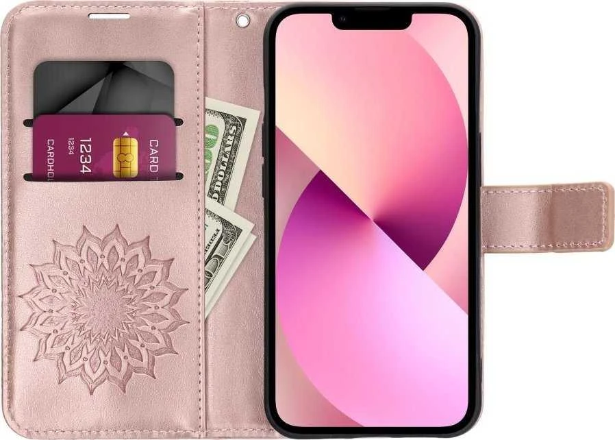 OEM atverčiamas dėklas iPhone 15 PRO Mezzo Book mandala rožinis auksinis