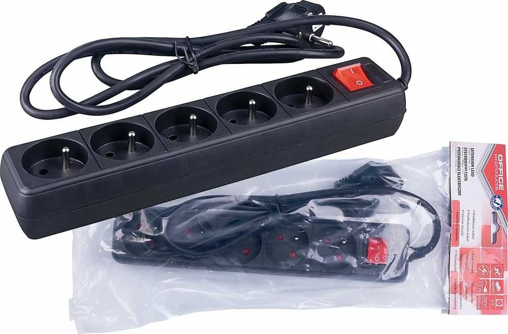 Office Products Biuro gaminiai BIURO PRODUKTAI ilgintuvas, 5 lizdai, 1,5 m, su įžeminimu ir jungikliu, juodas