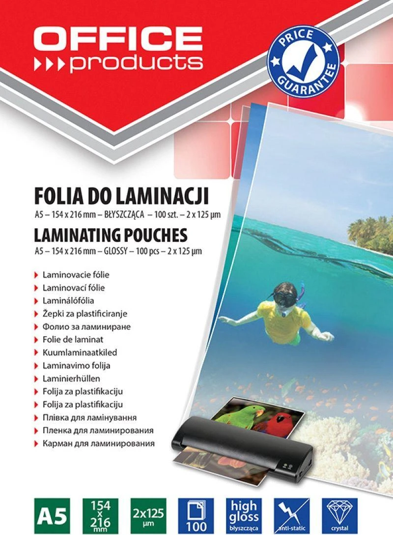 Office Products Biuro prekės „Office“ produktai „Folia“ lam.off ledo bł .2 x 125 mikr. A4 216 x 154 20325235-90 100 vnt. A5