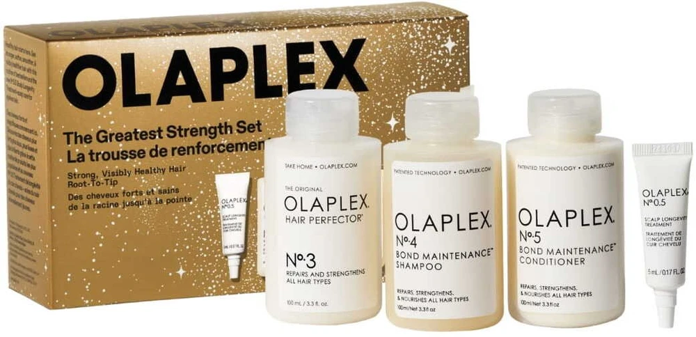 Olaplex The Greatest Strength Set rinkinys (galvos odos losjonas, 5 ml + plaukų šampūnas, 100 ml + plaukų kaukė, 100 ml + plaukų kondicionierius, 100 ml)