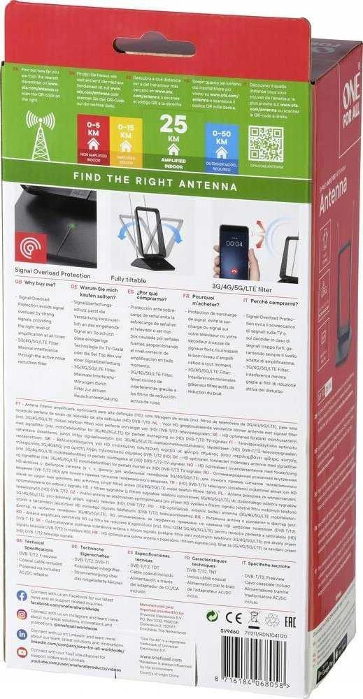 Skaitmeninė vidaus antena ONE FOR ALL 100-240V ~ 50/60Hz 0.15A Maks.1.5m Full HD / SV9460