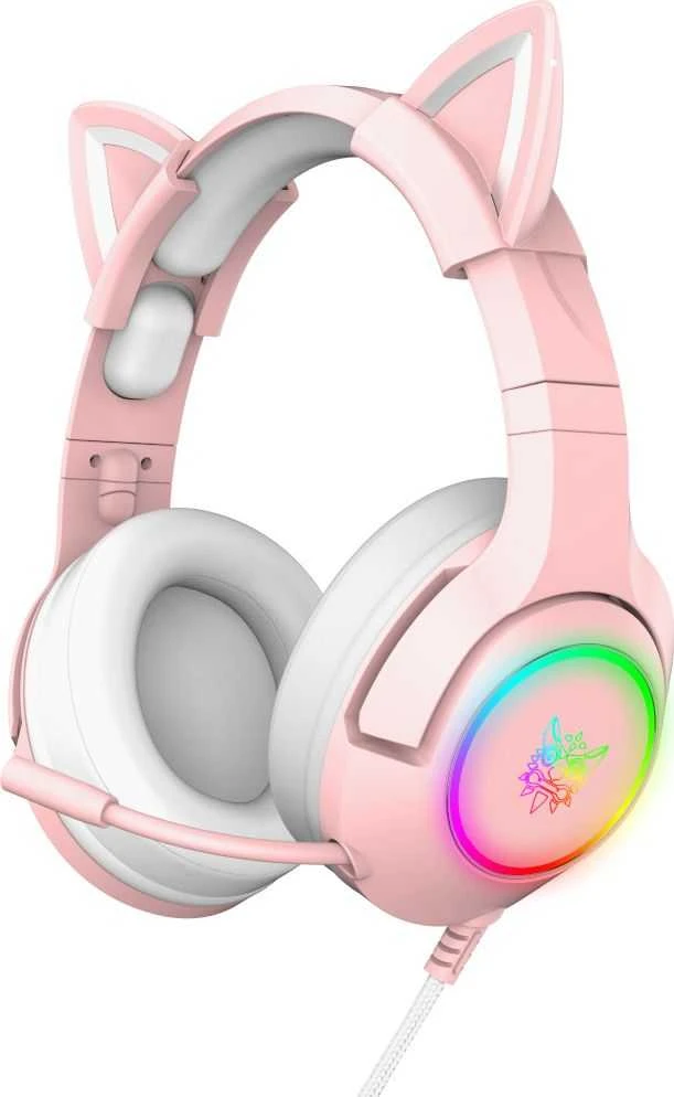 Rožinės Onikuma K9 ausinės su katinėlio ausimis ir RGB