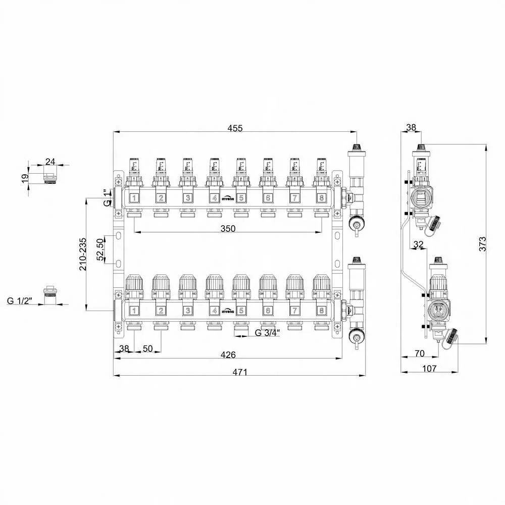 8 kontūrų grindų šildymo skirstytuvas Invena INOX PLUS PROV 8, nerūdijančio plieno