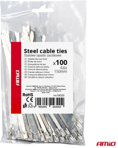 Nerūdijančio plieno metaliniai kabelių raiščiai 4,6x150 mm 100 vnt. amio-04320