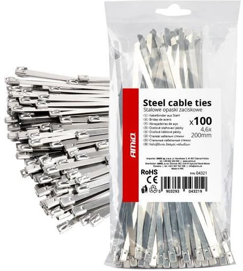 Nerūdijančio plieno metaliniai kabelių raiščiai 4,6 x 200 mm, 100 vnt. amio-04321