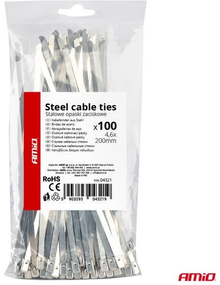 Nerūdijančio plieno metaliniai kabelių raiščiai 4,6 x 200 mm, 100 vnt. amio-04321