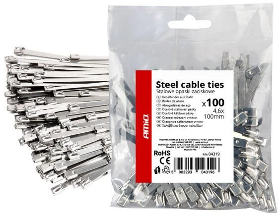 Nerūdijančio plieno metaliniai kabelių raiščiai 4,6x100 mm 100 vnt. amio-04319
