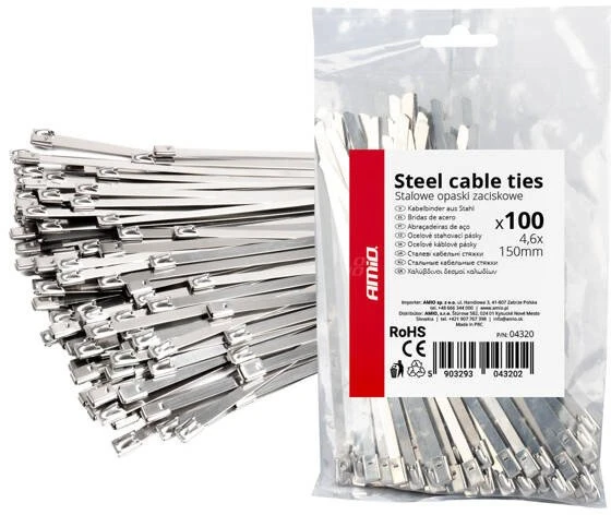 Nerūdijančio plieno metaliniai kabelių raiščiai 4,6x150 mm 100 vnt. amio-04320