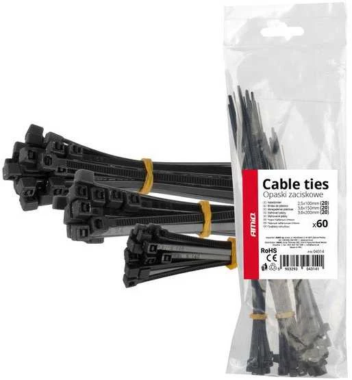Plastikiniai kabelių raiščiai, juodi, trumpi, 60 vnt. amio-04314