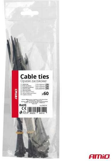 Plastikiniai kabelių raiščiai, juodi, trumpi, 60 vnt. amio-04314