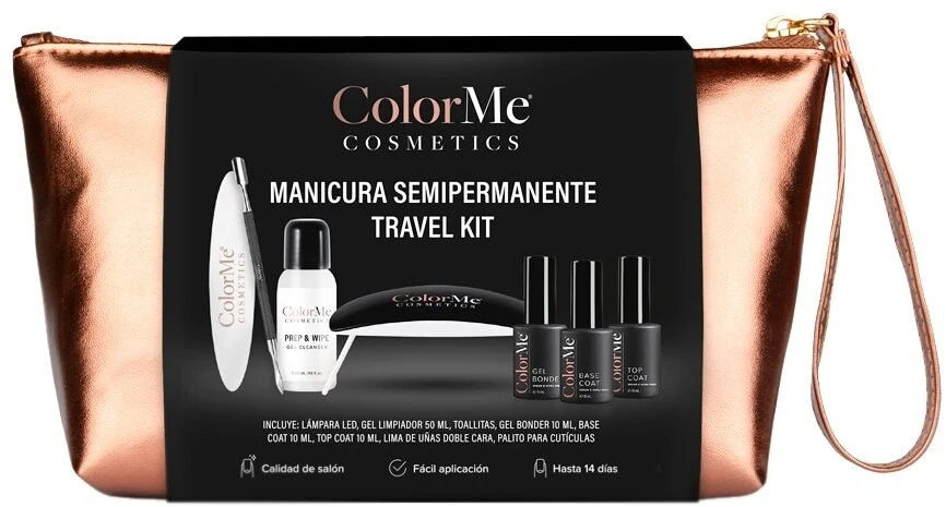 Set ColorMe Cosmetics: ColorMe užtraukiamas GWP tekstilinis krepšelis + ColorMe Gel Semi-Permanent nagų lakas, 10 ml + ColorMe Base Coat Semi-Permanent nagų lakas, 10 ml + ColorMe Top Coat Semi-Permanent nagų lakas, 10 ml + ColorMe nagų dildė + ColorMe nagų LED lempa