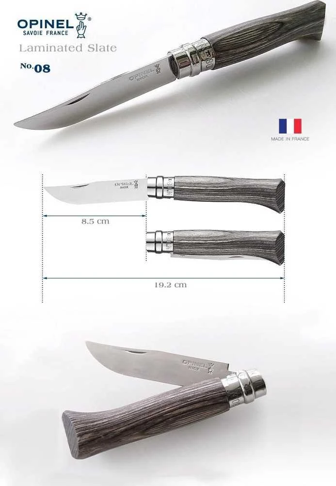 Peilis Opinel Nr.8 Laminated Brown nerūdijančio plieno ašmenimis ir ruda beržo rankena