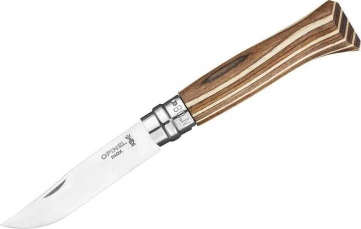 Peilis Opinel Nr.8 Laminated Brown nerūdijančio plieno ašmenimis ir ruda beržo rankena