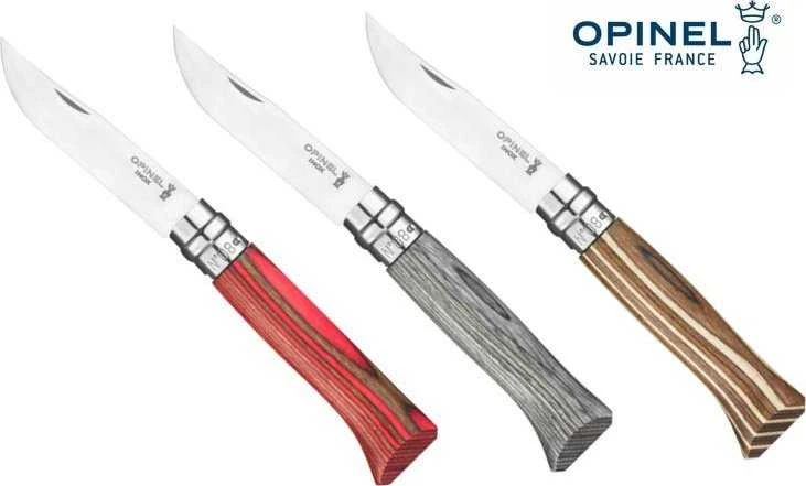 Peilis Opinel Nr.8 Laminated Brown nerūdijančio plieno ašmenimis ir ruda beržo rankena