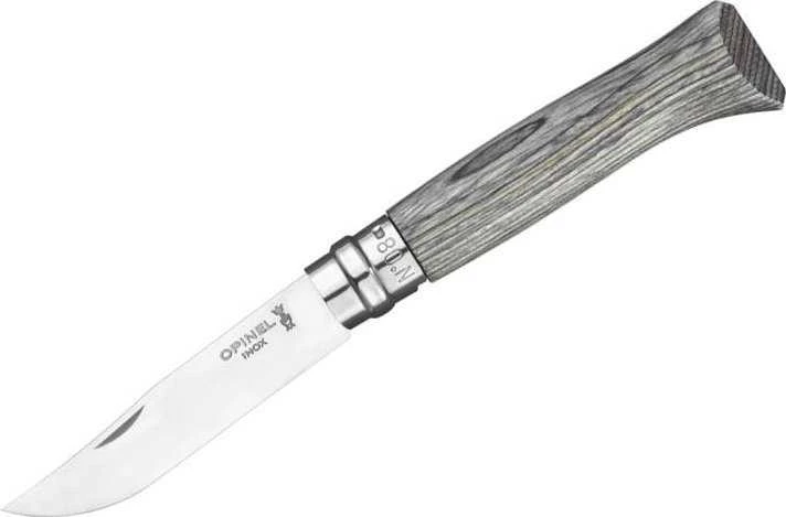 Peilis Opinel Nr.8 Laminuotas Pilkas nerūdijančio plieno ašmenimis ir pilka beržo rankena