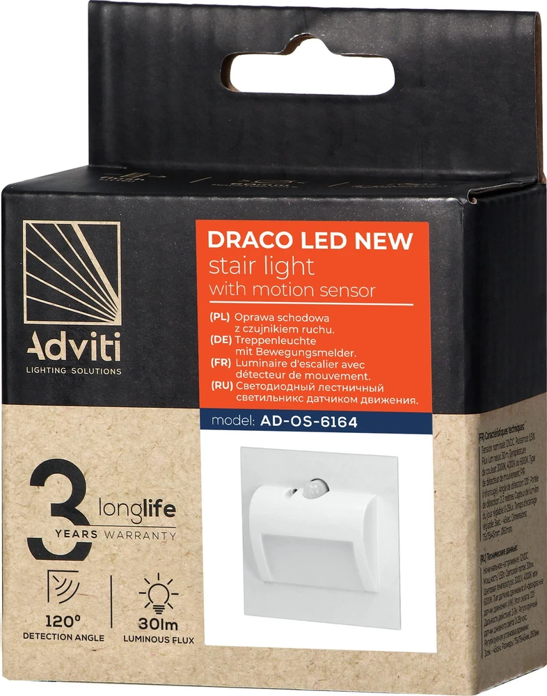 Orno DRACO LED NEW 1.5W, įleidžiamas laiptų šviestuvas, 12VDC, 30lm, 6000K, baltas, judesio ir prieblandos jutiklis