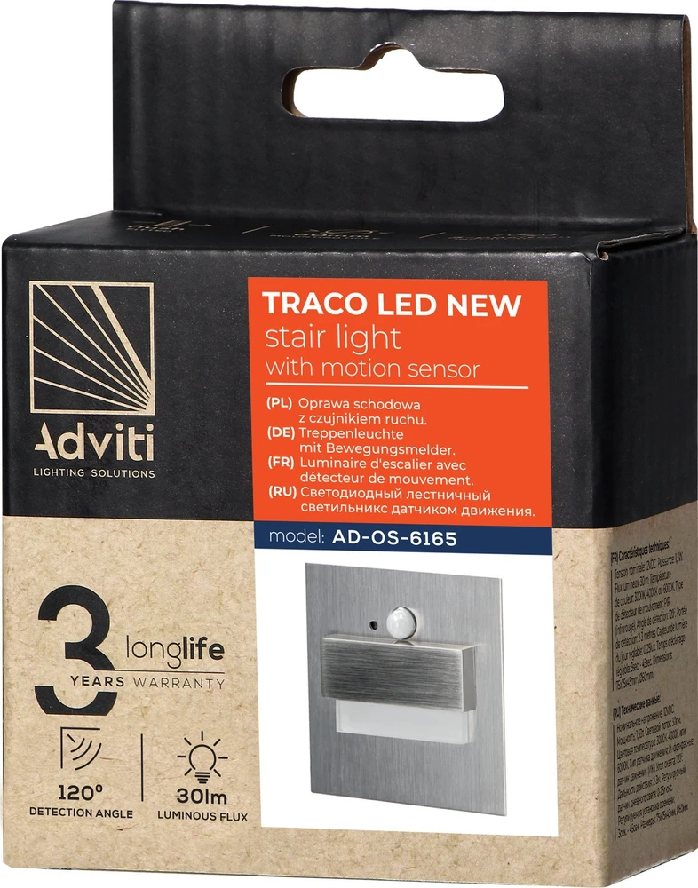 Orno TRACO LED 1,5 W, įleidžiamas laiptų šviestuvas, 12 V nuolatinės srovės, 30 lm, 3000 K, satinas, judesio ir prieblandos jutiklis