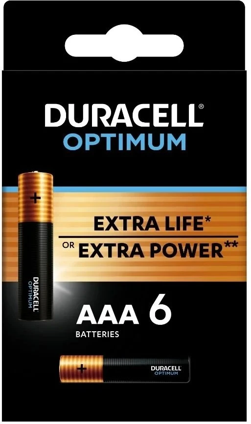 Duracell Optimum vienkartinės šarminės AAA baterijos, 6 vnt. pakuotė