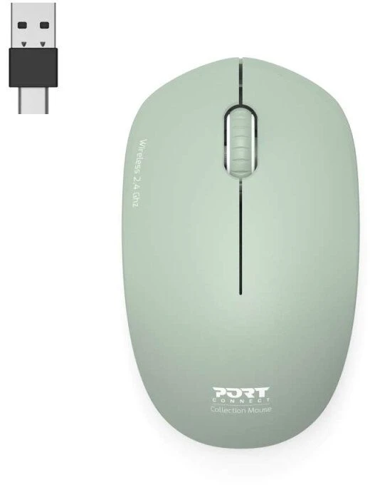 „Port Designs PORT CONNECT“ belaidė kolekcijos pelė, USB-A ir USB-C adapteris, 2.4 GHz, 1600 DPI, alyvuogių spalvos