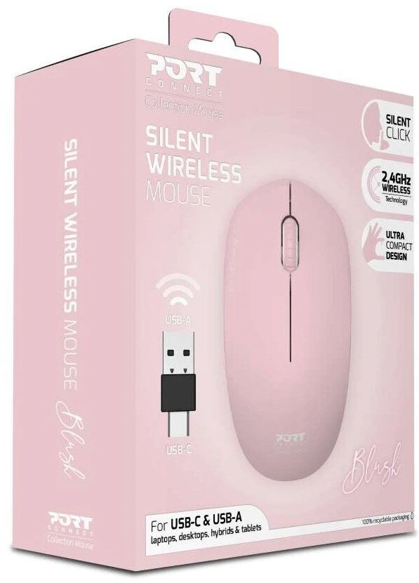 Pelė „Port Designs PORT CONNECT“ laidas COLLECTION, USB-A ir USB-C adapteris, 2.4Ghz, 1600DPI, Blush
