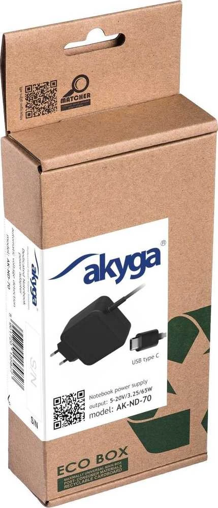Akyga Nešiojamojo kompiuterio pakrovėjas AK-ND-70 (5-20V / 3-3.25A 65W) USB Type-C 1.2m