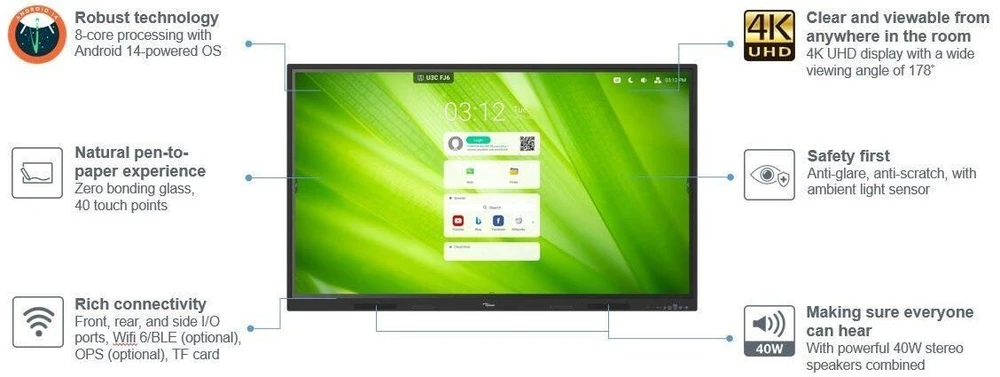 Monitorius Optoma 75 kalibro 1751RK 4K UHD, 8 GB RAM / 64 GB ROM, 40 pirštų lietimui jautrus ekranas, „Android 14“