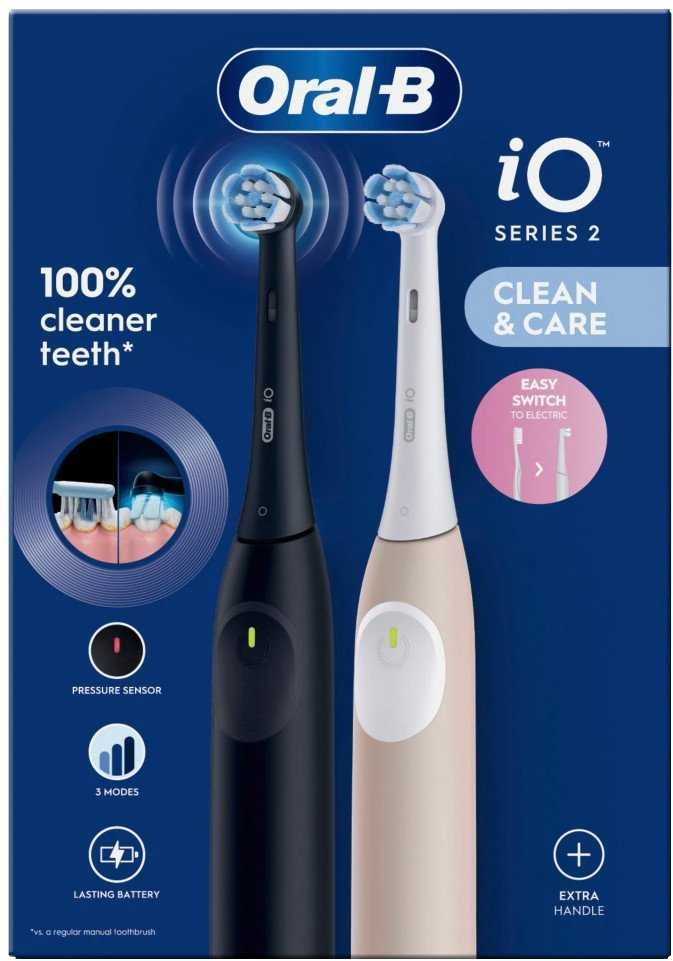 Dantų šepetėlis „Oral B-iO 2 Duo“ elektriniai dantų šepetėliai – nakties juoda ir ramiai rožinė