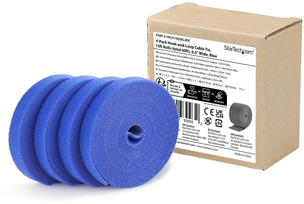 Organizatorius StarTech 4.6M lipniosios juostos ritinys, 4 vnt. rinkinys / kilpinis kabelių rišiklis – 0.5IN pločio (HKLP1505BL4PK)