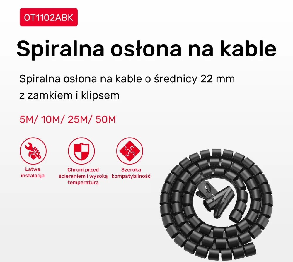 „Unitek“ spiralinis kabelių organizatorius, 25 metrai, 22 mm skersmuo, juodas