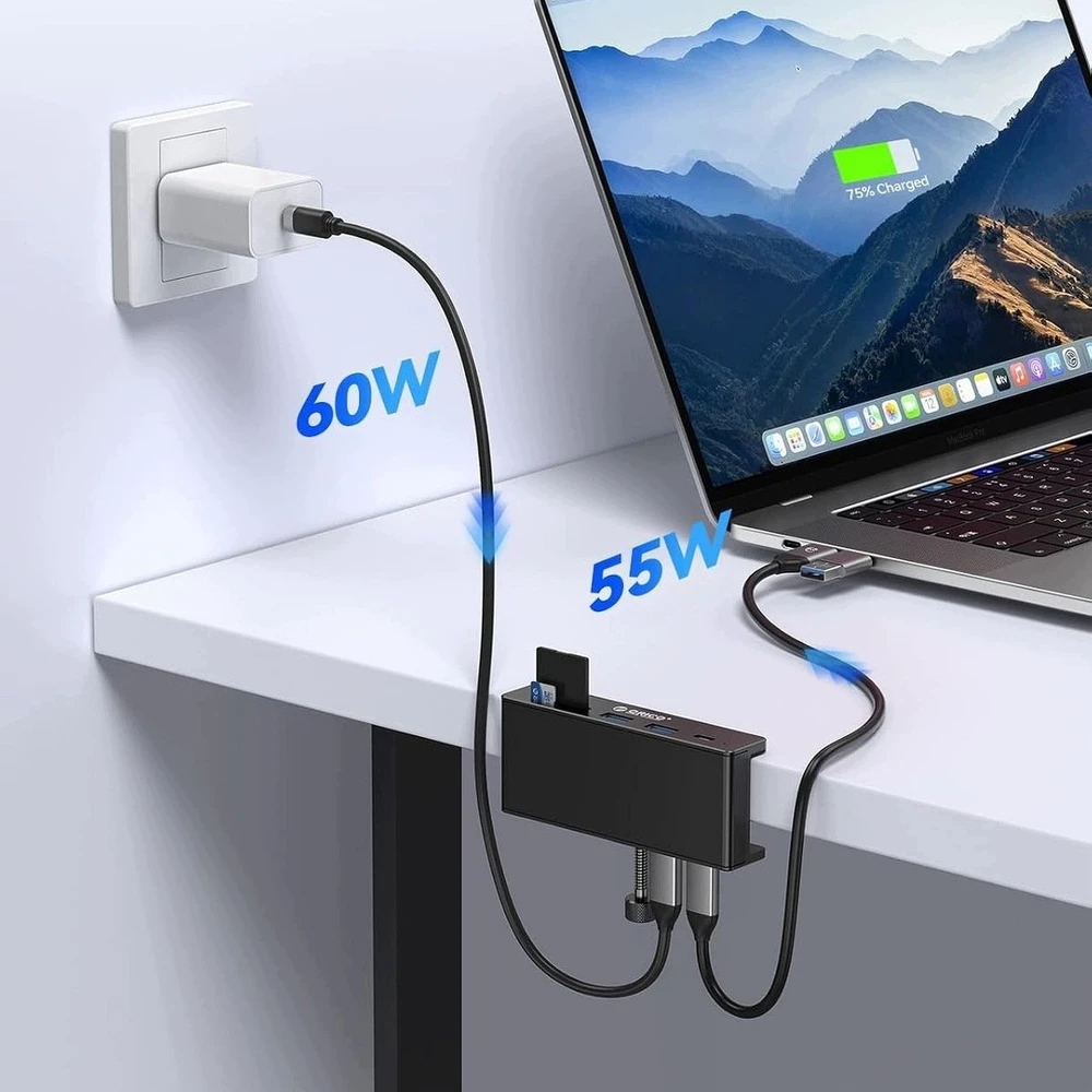 Orico Aktyvus USB-C šakotuvas 10 Gbps, PowerDelivery 60 W, prisukamas, 2x USB-A, SD skaitytuvas, USB-C, juodas (MH5PCM-10-BK-BP)