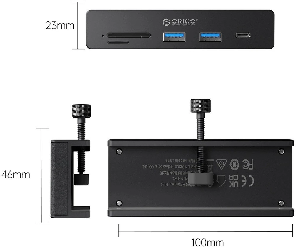 Orico Aktyvus USB-C šakotuvas 10 Gbps, PowerDelivery 60 W, prisukamas, 2x USB-A, SD skaitytuvas, USB-C, juodas (MH5PCM-10-BK-BP)
