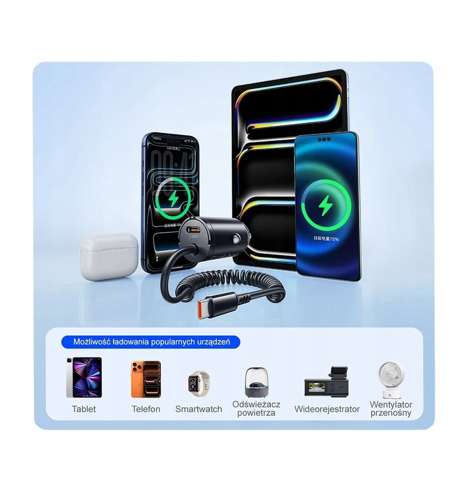 Orico Įkroviklis automobilinis PD 30W, 2 x USB-C, su spiralinis laidas