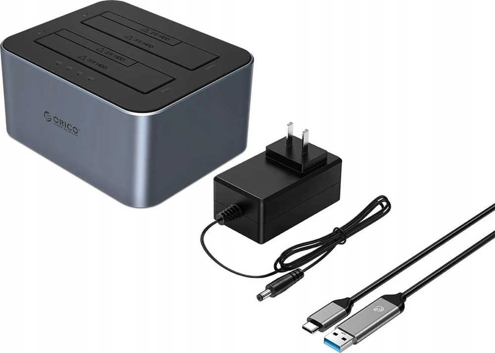 „Orico 6626C3-C-V1“ 2 diskų prijungimo stotelė su neprisijungusio klonavimo funkcija, 2,5 colio / 3,5 colio SATA HDD/SSD – pilkos spalvos