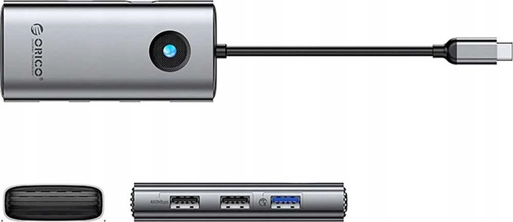„Orico PW11-5P“ USB-C šakotuvo prijungimo stotelė, 1x USB-A 3.0 + 2x USB-A 2.0 + 1x USB-C PD + 1x HDMI – pilkos spalvos