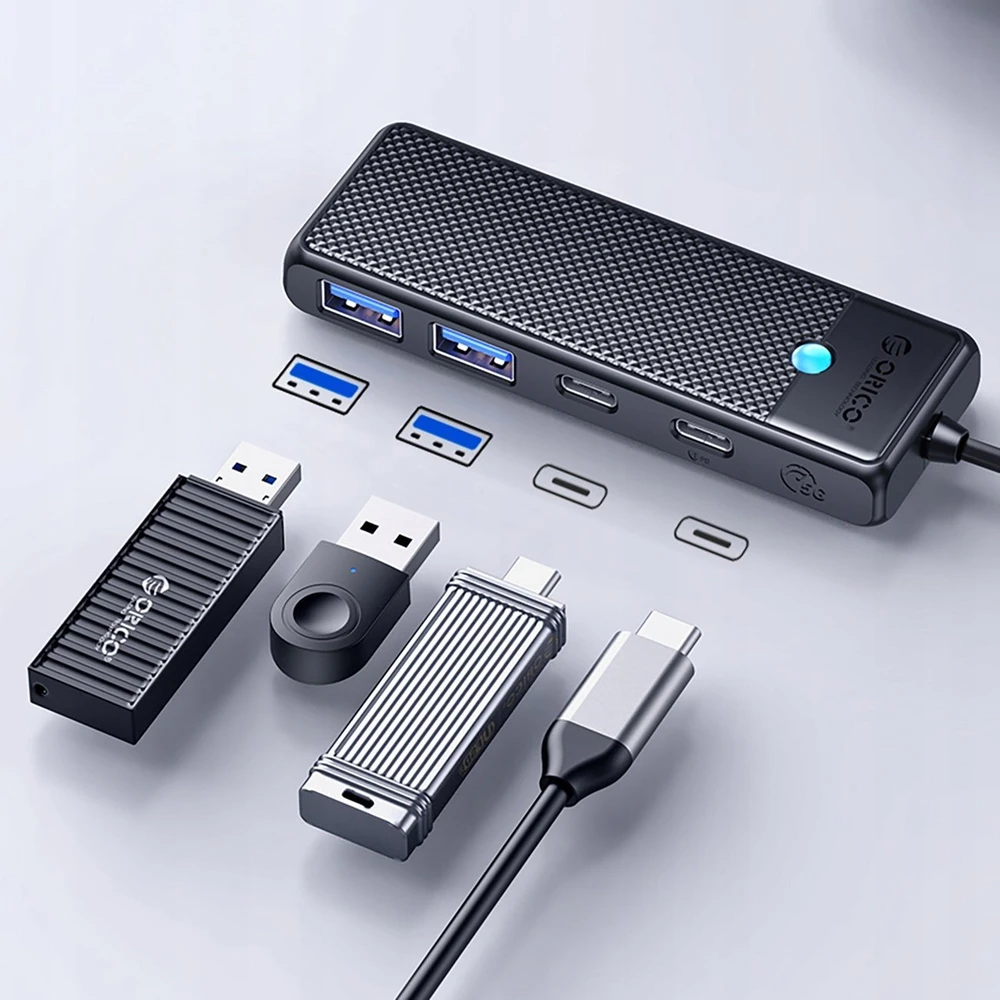 USB-C šakotuvas „Orico PAPW2AC-C3“ su 2 USB-A 3.0 + 2 USB-C 3.0 jungtimis, juodos spalvos